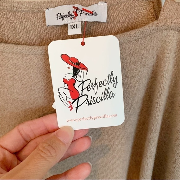 Perfectly Priscilla SHES PERFECT Taupe Knit Pearl Open Shoulder Sweater Plus 1XL - Picture 6 of 8